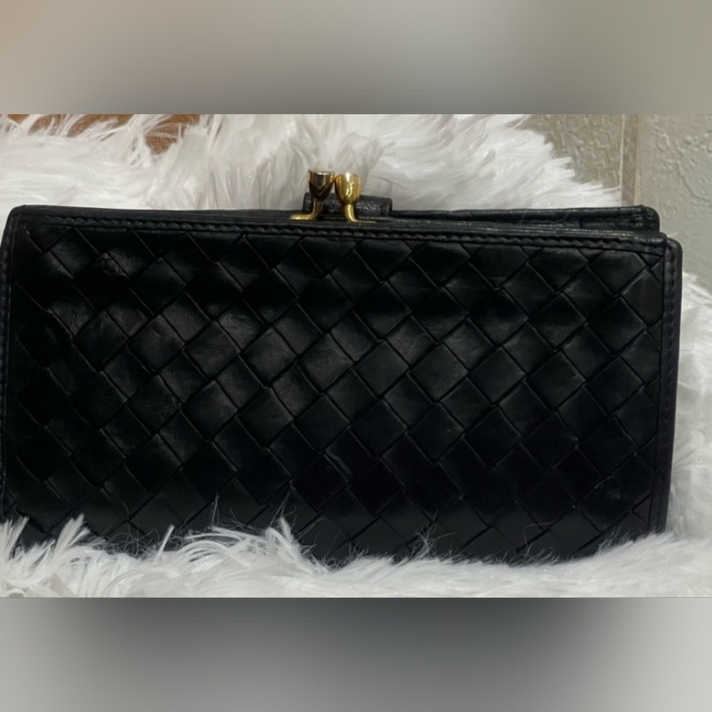 Bottega Veneta Black Woven Leather Wallet with Gold Kiss-Lock